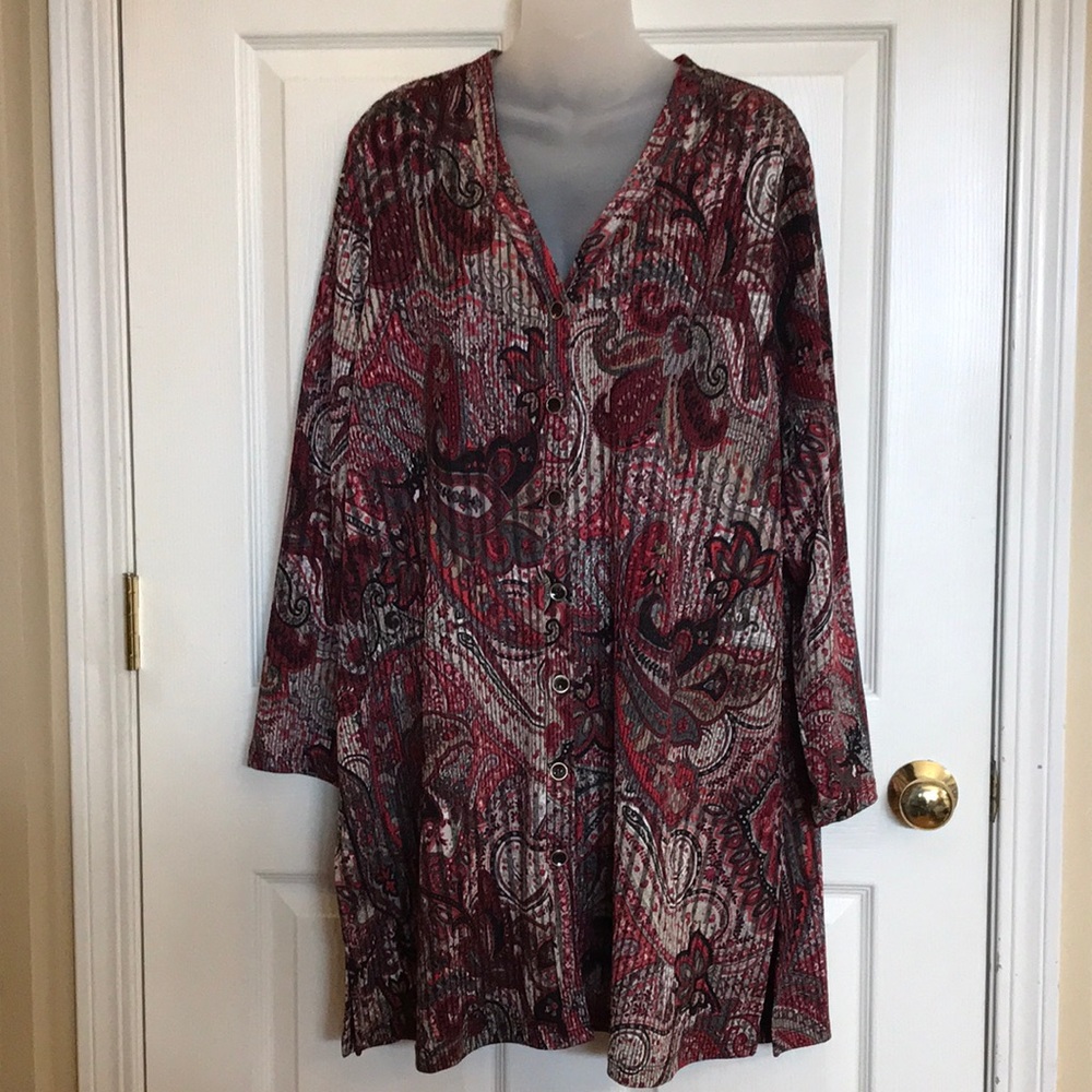 Susan Graver paisley ribbed knit sweater cardigan slight sheen Wine 1x